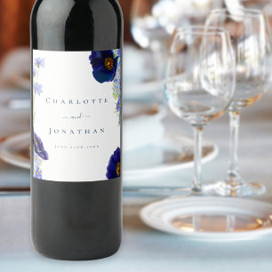 Etiqueta Para Botella De Vino Boda azul de flores silvestres moderno
