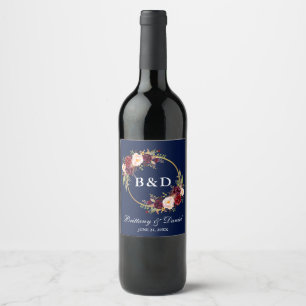 Etiqueta Para Botella De Vino Boda azul de la flor de borgoña Monograma