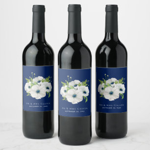 Etiqueta Para Botella De Vino Boda azul de la marina floral blanca moderna