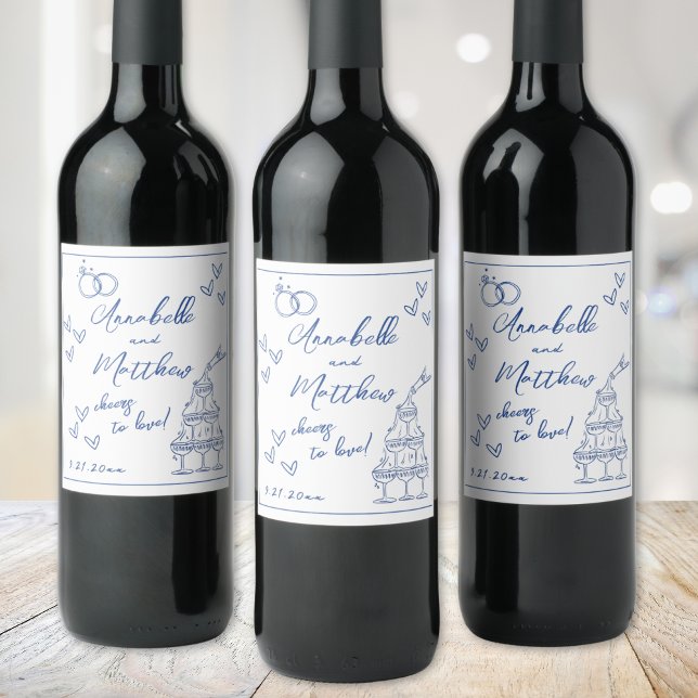 Etiqueta Para Botella De Vino Boda azul dibujado a mano (Hand Drawn Blue Wedding Wine Label )