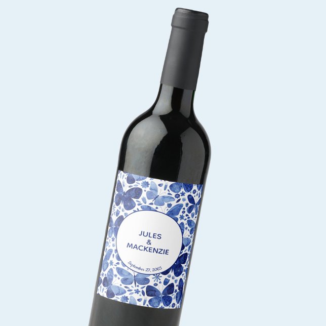 Etiqueta Para Botella De Vino Boda azul índigo (Blue butterfly watercolor personalized wedding wine label)