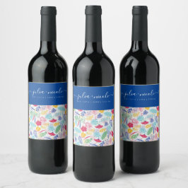 Etiqueta Para Botella De Vino Boda azul marino rosa salvaje bosque perenne