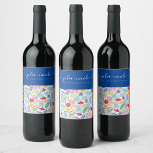 Etiqueta Para Botella De Vino Boda azul marino rosa salvaje bosque perenne