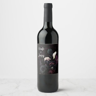 Etiqueta Para Botella De Vino Boda Blanca Floral Romántica Oscura y Melancólica