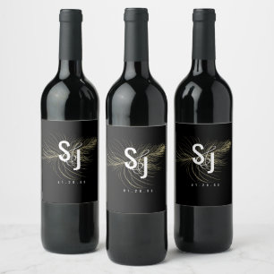 Etiqueta Para Botella De Vino Boda Bohemiana Minimalista con Plumas de Oro Falso