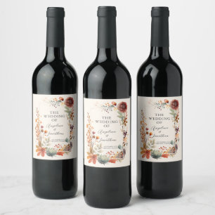 Etiqueta Para Botella De Vino Boda Boho de Otoño Floral Vintage en Marfil