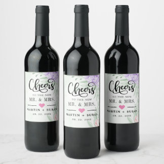 Etiqueta Para Botella De Vino Boda Boho Floral Rosa Púrpura Rústica Eucalipto
