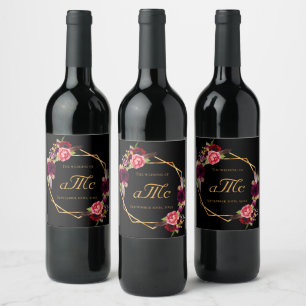 Etiqueta Para Botella De Vino Boda borgoña floral rúbrica de monograma negro