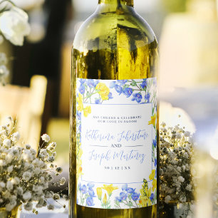 Etiqueta Para Botella De Vino Boda botánica acuarela amarilla azul de flores sil