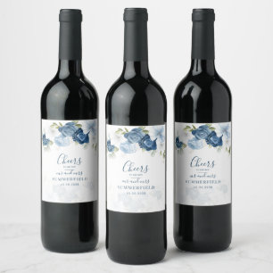 Etiqueta Para Botella De Vino Boda Botánica de Floral Verdosidad Azul Polvorient