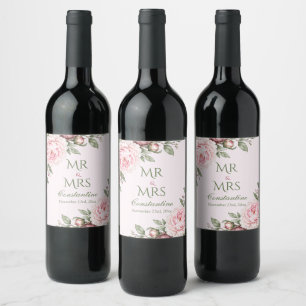 Etiqueta Para Botella De Vino Boda Botánica Romántica Rosa Polvo Rosa Peonía
