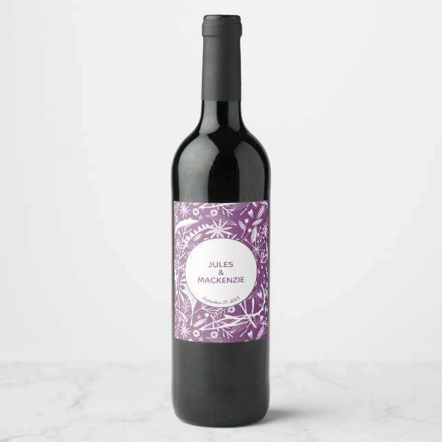 Etiqueta Para Botella De Vino Boda botánico púrpura moderno (Anverso)