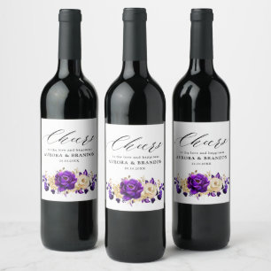 Etiqueta Para Botella De Vino Boda Botánico Royal Purple Violet Gold Floral