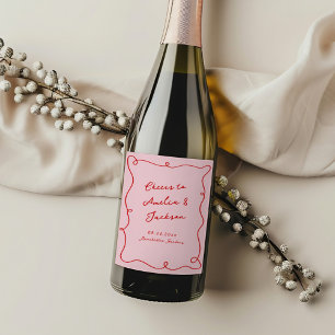 Etiqueta Para Botella De Vino Boda caprichosa dibujada a mano rosa y roja