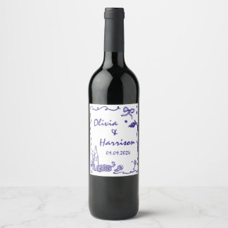Etiqueta Para Botella De Vino Boda caprichoso de mano azul
