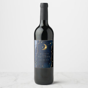 Etiqueta Para Botella De Vino Boda Celestial Azul y Dorada Boda