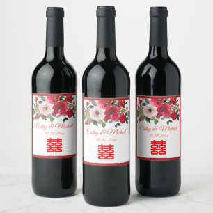 Etiqueta Para Botella De Vino Boda china moderna floral acuarela rosa rojo