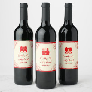 Etiqueta Para Botella De Vino Boda china rojo beige floral oriental