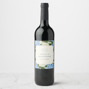 Etiqueta Para Botella De Vino Boda Clásica de Hortensia Azul y Rosa Blanca