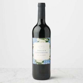 Etiqueta Para Botella De Vino Boda Clásica de Hortensia Azul y Rosa Blanca