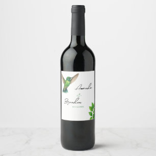 Etiqueta Para Botella De Vino Boda con borde botánico frondoso y colibrí verde