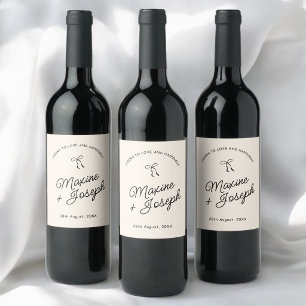 Etiqueta Para Botella De Vino Boda con cinta de lazo dibujada a mano en negro y