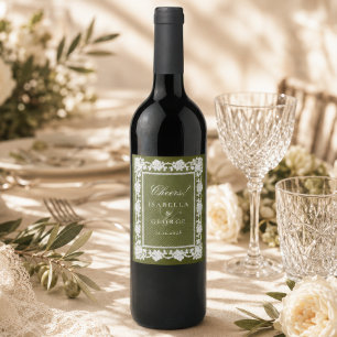 Etiqueta Para Botella De Vino Boda con dinero antiguo encaje verde oliva Cheers