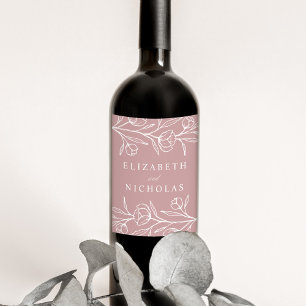 Etiqueta Para Botella De Vino Boda con flores dibujadas Dusty Rose