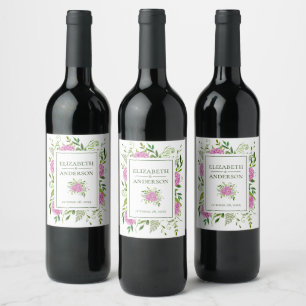 Etiqueta Para Botella De Vino Boda con Hortensias Rosadas