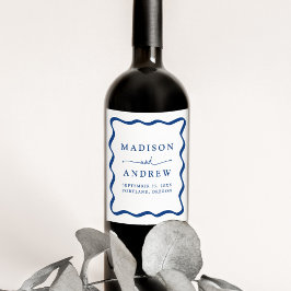 Etiqueta Para Botella De Vino Boda con Marco Ondulado Azul Moderno