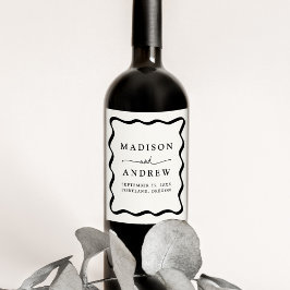 Etiqueta Para Botella De Vino Boda con marco ondulado moderno de crema y negro