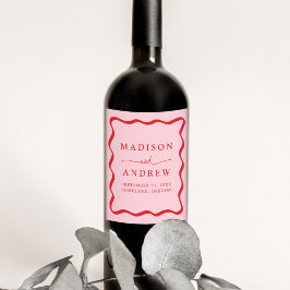 Etiqueta Para Botella De Vino Boda con marco ondulado rosa y rojo moderno