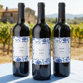 Etiqueta Para Botella De Vino Boda cuadrada de chinoisería azul polvoriento