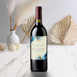 Etiqueta Para Botella De Vino Boda de acuarela azul y dorado abstracto