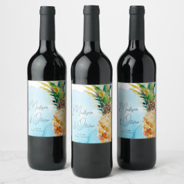 Etiqueta Para Botella De Vino Boda de acuarela de piña tropical vibrante