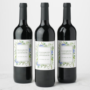 Etiqueta Para Botella De Vino Boda de Acuarela Floral con Hortensias Azules