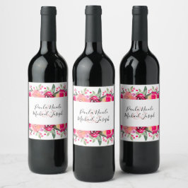 Etiqueta Para Botella De Vino Boda de acuarela floral de color rosa caliente