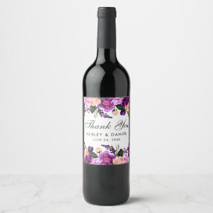 Etiqueta Para Botella De Vino Boda de acuarela floral púrpura ultravioleta