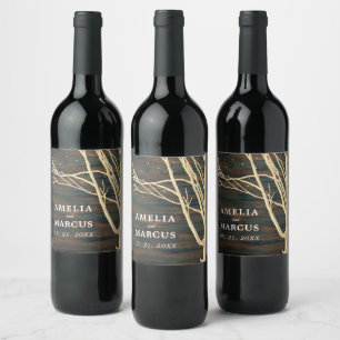 Etiqueta Para Botella De Vino Boda de árbol de invierno de madera oscura rústica