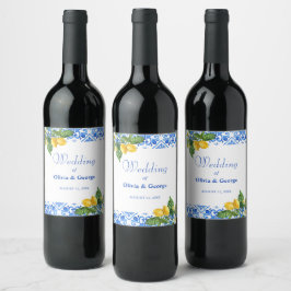 Etiqueta Para Botella De Vino Boda de azulejos azules y limones mediterráneos