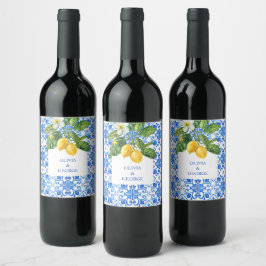 Etiqueta Para Botella De Vino Boda de azulejos azules y limones mediterráneos