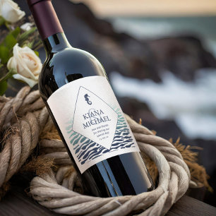 Etiqueta Para Botella De Vino Boda de caballito de mar de onda azul gracias ID83
