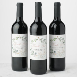 Etiqueta Para Botella De Vino Boda de Caligrafía Dorada con Eucalipto Rústico