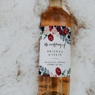 Etiqueta Para Botella De Vino Boda de caligrafía floral de la Marina Rosa de Bor