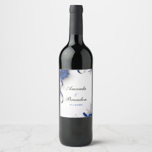 Etiqueta Para Botella De Vino Boda de cintas de flores azules y plateadas de la