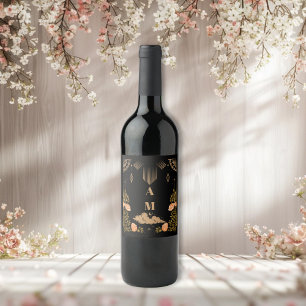 Etiqueta Para Botella De Vino Boda de Estrellas Negras Celestiales Monograma