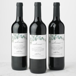 Etiqueta Para Botella De Vino Boda de eucalipto verde acuarela rústica