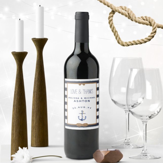 Etiqueta Para Botella De Vino Boda de eventos azul y blanco de la Marina de Ancl (Nautical Love & Thanks Personalized Nautical Wedding Wine Labels with Navy Blue and White Stripes)
