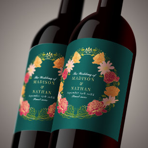 Etiqueta Para Botella De Vino Boda de fantasía encantada con flores naranjas y r
