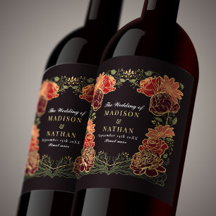 Etiqueta Para Botella De Vino Boda de fantasía encantada con flores rojas